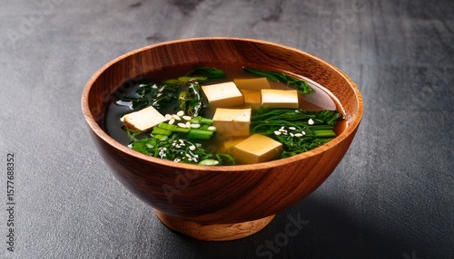 savory miso soup with tofu and greens in a wooden bowl