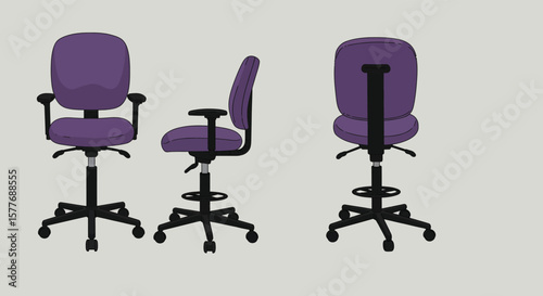 A purple adjustable office chair with armrests is displayed from the front, side, and back, showcasing its ergonomic design and comfortable support