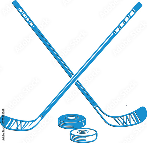 Two blue hockey sticks crossed with two pucks ice hockey