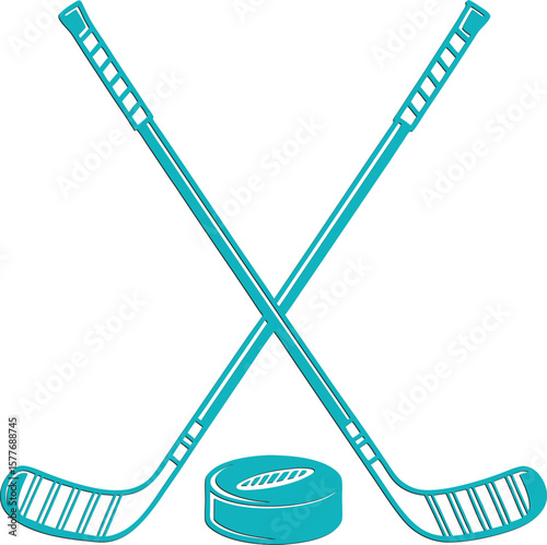 Two Teal Hockey Sticks Crossed Over Puck ice hockey