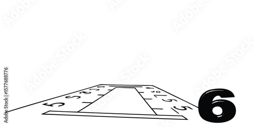 Perspective view of runway with markings and large black number six on the right side of the image