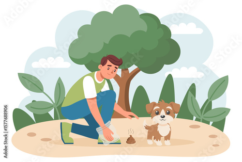 Man cleaning up after his dog in the park. Clean up after your dog. Dog owner cleaning up dog waste. Illustration.