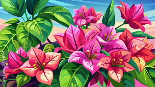 Close-up of vibrant pink bougainvillea flowers with delicate petals and rich texture. Bright botanical detail in a tropical natural setting. Vector illustration.