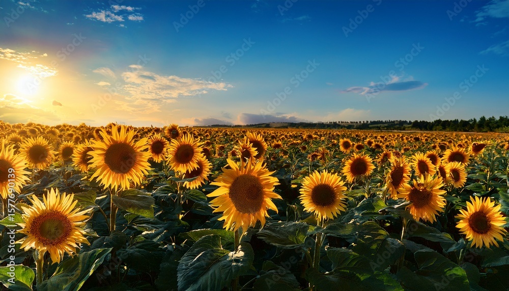 Obraz premium vibrant sunflowers growing against a bright blue sky in late summer afternoon