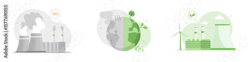 Vector illustration set contrasting pollution and climate change effects with renewable energy and sustainability solutions, featuring factory emissions and clean energy sources.