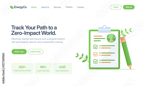 A landing page concept for sustainability tracking, featuring a clipboard with a checklist and a green pencil, focusing on ecological footprint and zero-impact solutions.