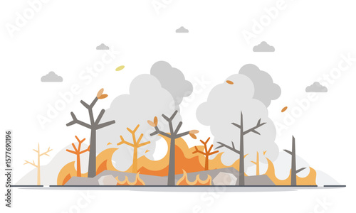 a forest fire with smoke rising from burning trees, representing environmental disaster and climate change. vector illustration