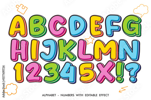 Unique abstract alphabet letters and numbers in bright colors isolated on white background. Editable vector illustration