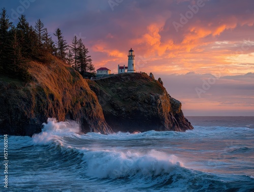 Cliffside lighthouse illuminated by sunset's golden glow, crashing ocean waves below