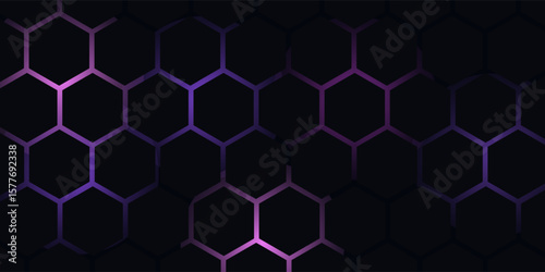 Dark hexagon abstract technology background with purple colored bright flashes under hexagon. Hexagonal gaming vector abstract tech background.