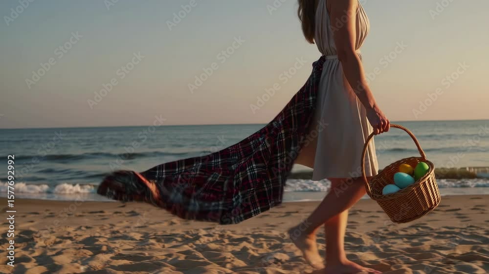 A woman carries a wicker basket with Easter Eggs, The setting sun and the wind blows the plaid on it. Sea sand and waves in the background