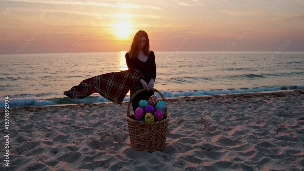 A woman carries a wicker basket with Easter Eggs, The setting sun and the wind blows the plaid on it. Sea sand and waves in the background
