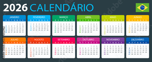 2026 Calendar - vector illustration, Brazilian version
