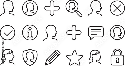 Elegant Vector Icon Set A Comprehensive Collection for Modern Design Projects Featuring User Profiles, Essential Actions, and Security Elements for Web and App Interfaces and Creative Artwork