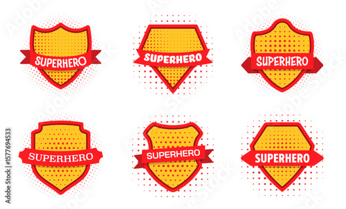 Superhero badge collection in comic style. Red and yellow labels with ribbon banners