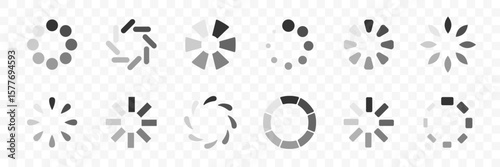 Loading spinner collection in flat monochrome style. Circular progress indicators for UI design, preloaders and buffering animations