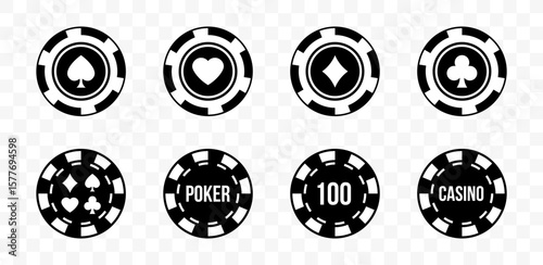 Set of black and white poker chips with card suit symbols and casino lettering. Ideal for games, gambling, or casino design
