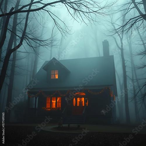 Spooky Decorated House Laughing In Foggy Forest 