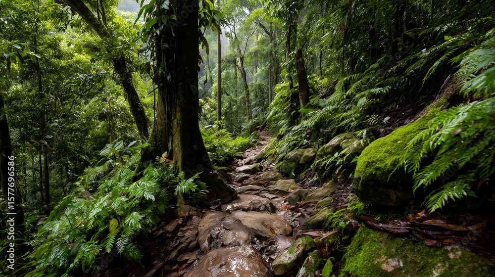 Fototapeta premium Rain-drenched jungle trail meanders through Sumatra