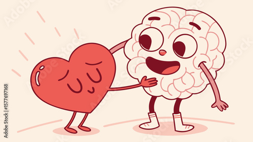 Happy brain character comforts sad heart character isolated on white background