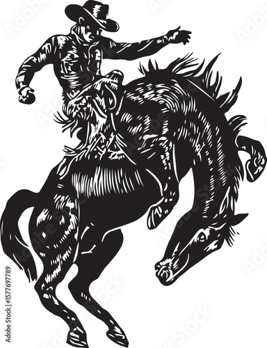 Bucking Bronco and Cowboy Silhouette Vector Illustration on Transparent Background