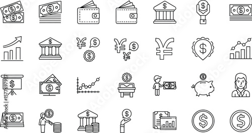 Finance line icon set. Vector pictograms of money, wallet, banking tools, currency symbols, investment chart, financial services, piggy bank, dollar thin 