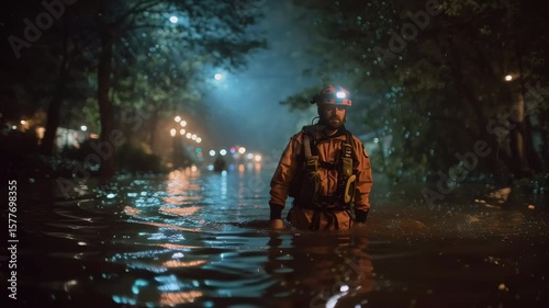 A rescue worker, illuminated by a distant flashlight beam, wading through dark floodwaters at night, searching for stranded residents, emphasizing night operations, eerie, cinematic,