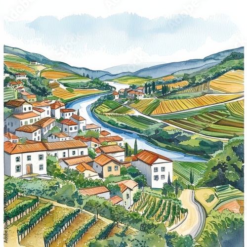 Artistic representation of the Douro Valley's beauty in watercolor.