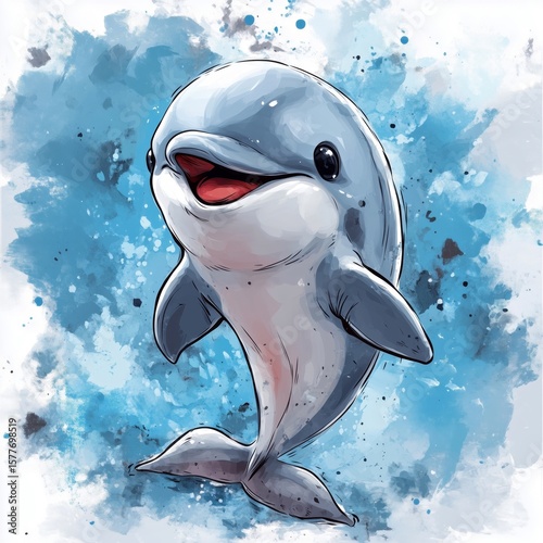 Cute cartoon dolphin illustration with a joyful expression, swimming in a vibrant blue ocean background, showcasing playful aquatic life and marine beauty