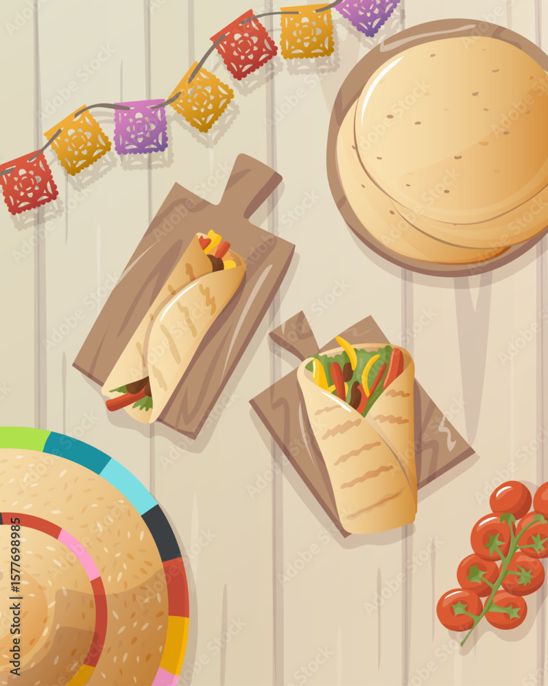 Illustration vue du dessus de fajitas, tortilla wraps, avec un décor mexicain