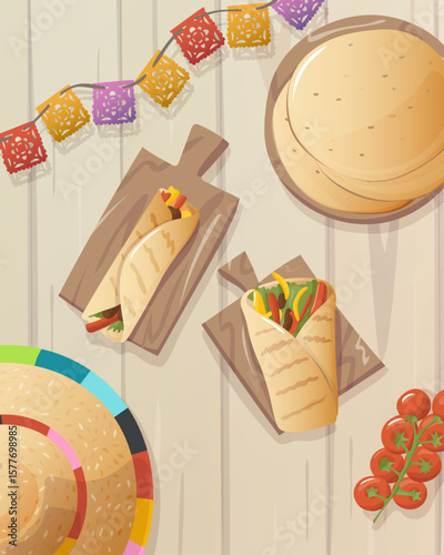 Illustration vue du dessus de fajitas, tortilla wraps, avec un décor mexicain