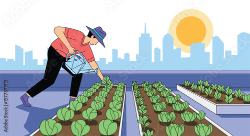 Urban farmer cultivating fresh produce on a rooftop garden with city skyline and sun in the background