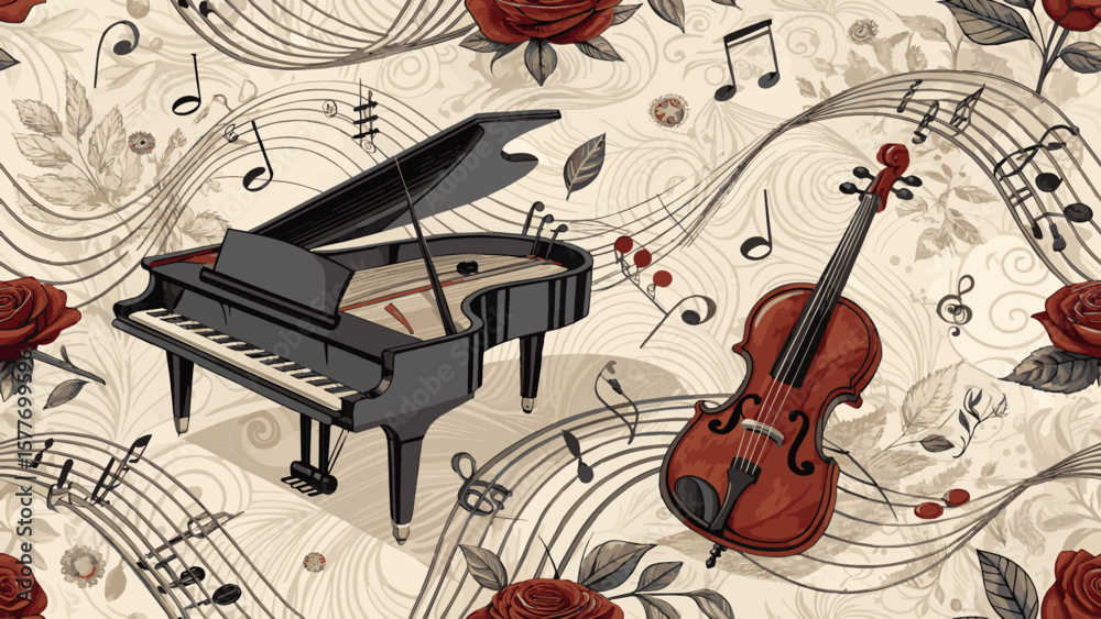 Fototapeta premium Vector Illustration Seamless Pattern Music Notes Pattern Classical Music Piano and Violin.