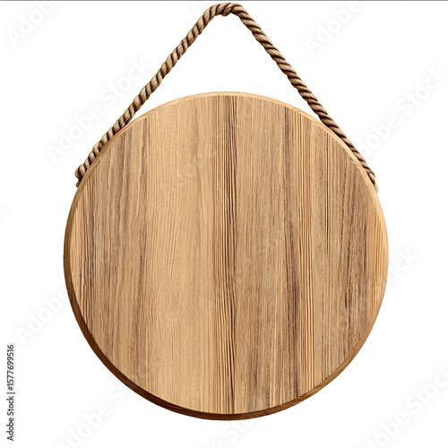 round wooden sign board hang on wall with rope, wood blank panel, cutout png