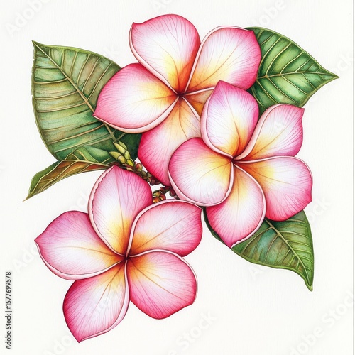 Watercolor artwork showcasing the beauty of plumeria flowers and foliage.