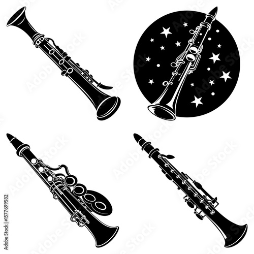 Illustration featuring four clarinets in different styles and orientations on a white background artfully arranged
