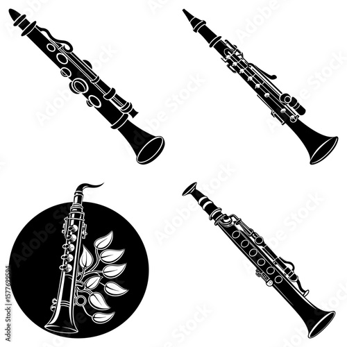 Four black and white illustrations of clarinets in different styles and orientations on a white background