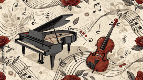 Vector Illustration Seamless Pattern Music Notes Pattern Classical Music Piano and Violin.