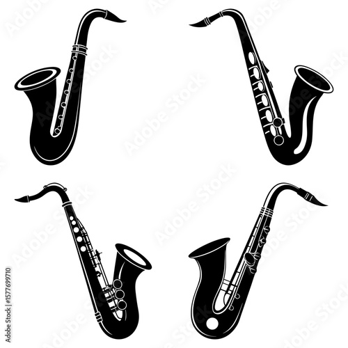 Four black and white saxophone illustrations arranged in a square format on a plain white background