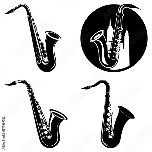 Four saxophone illustrations in black and white with varying styles and compositions shown here nicely