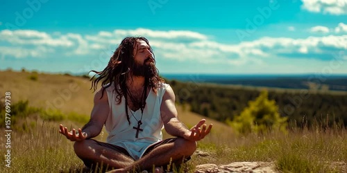Modern Jesus Christ is meditating in a field wearing cross