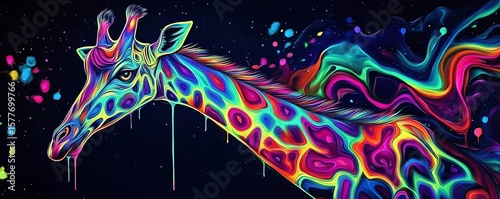 Colorful and abstract giraffe artwork showcasing a unique paint effect.