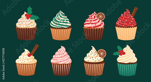 A delicious collection of festive holiday themed cupcakes decorated with cream frosting sprinkles and candied berries