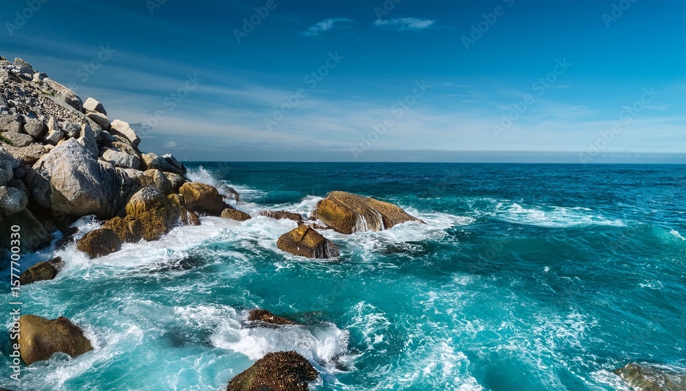 Obraz premium waves gently washing over rugged coastal rocks in clear turquoise and deep blue ocean waters