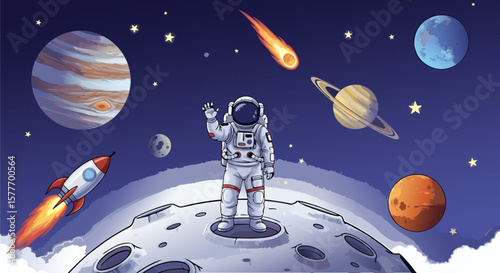 Illustration presents an astronaut standing on the moon, surrounded by planets, stars, and a rocket in space.