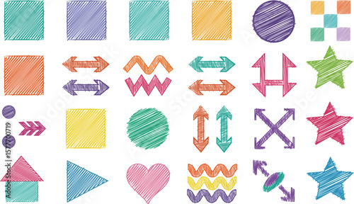 Hand drawn colorful geometric shapes set doodle arrows hearts stars squares circles zigzag abstract cartoon elements sketch style vector illustration