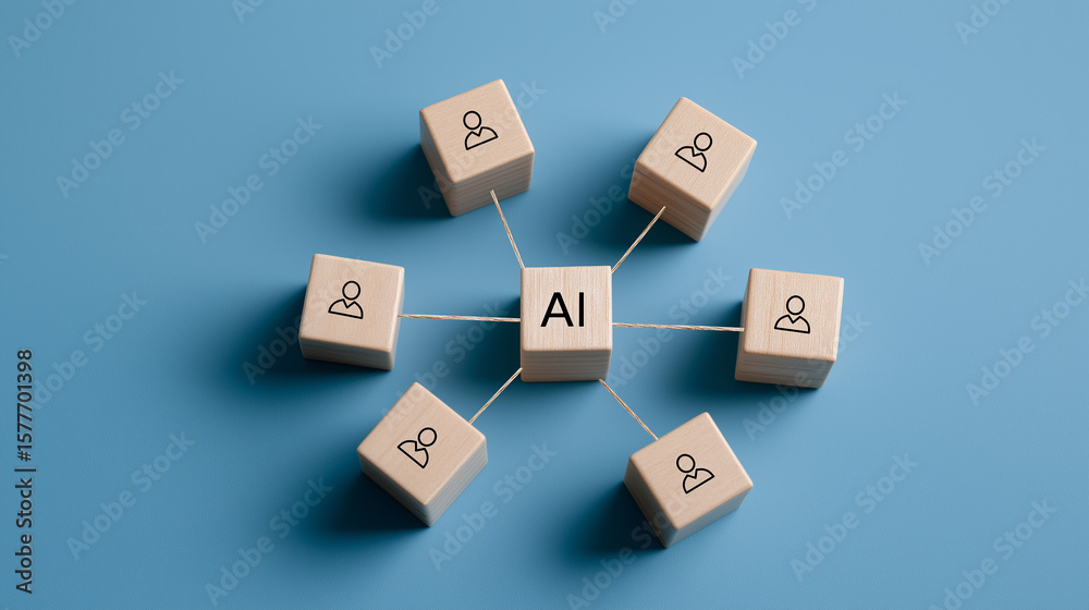 AI Integration in Human Networks, Artificial Intelligence Connecting People and Optimizing Collaboration, Business Wooden Cubes AI Integration in Human Networks, Artificial Intelligence Connecting People and Optimizing Collaboration, Business Wooden Cubes