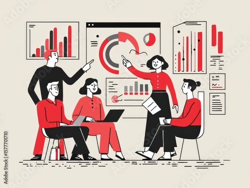 data-driven decision-making session, team pointing at charts and dashboards, vector style, minimal palette