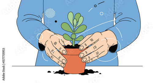 Hands gently potting a small green plant in a terracotta pot surrounded by loose soil and abstract dots symbolizing growth and care