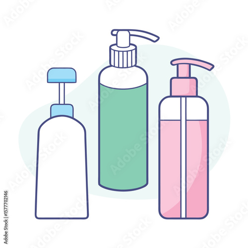 Three assorted pump bottles with colored liquids dispenser cosmetic